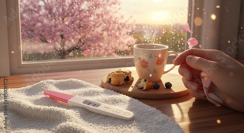 Positive Pregnancy Test on Table with Tea, Scone, and Cherry Blossoms