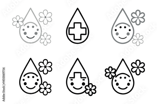 expressive blood drops with medical cross symbols, perfect for any content related to blood donation, health awareness, or charity campaigns, blood donor day line art icon set
