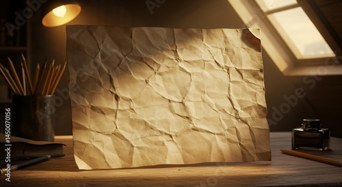 Crumpled Paper on Wooden Desk with Lamp and Inkwell Mockup
