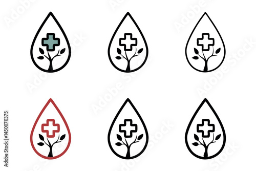 blood drop with a tree growing inside, integrating healthcare and nature, ideal for eco friendly health campaigns, blood donor day line art icon set