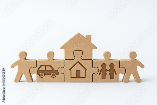 Life and health insurance concept with wooden puzzle pieces showing family house and car protection for security and peace of mind