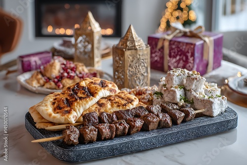 An Eid ul-Adha celebration setup with a platter of juicy kebabs, freshly baked naan, and rich desserts, surrounded by decorative gifts, all in soft natural lighting. photo