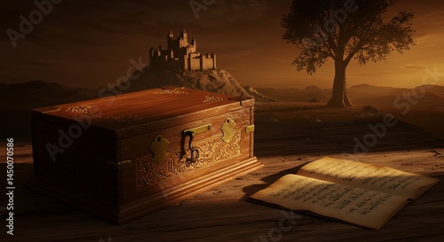 Wooden Box and Open Book Against Castle at Golden Hour