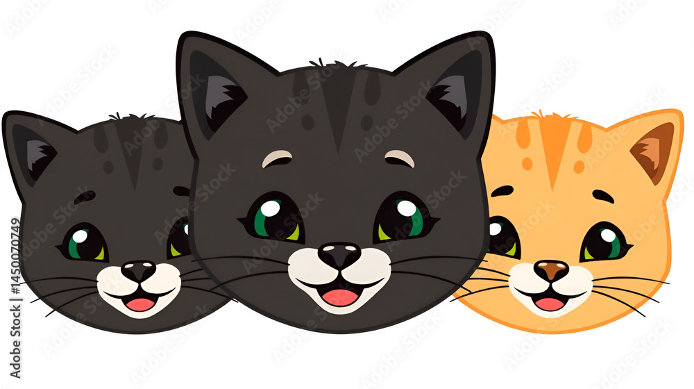 Obraz premium Funny Pet Heads Modern black-faced kitten, feline cartoon smile, emotion, and pleasant illustration. Isolated flat kittens. Emotional animal stickers. Cute emoji.