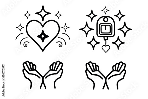 Hands forming a glowing heart shape, symbolizing love, care, and support, perfect for charity campaigns and donation initiatives, blood donor day line art icon set