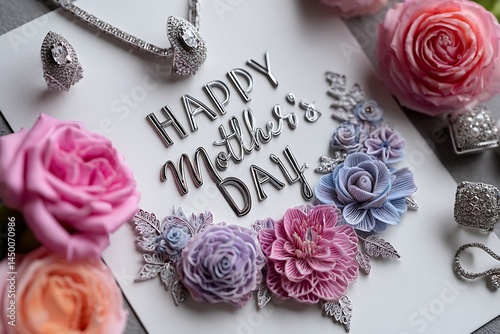 An elegant Mother's Day card featuring "Happy Mother's Day" written in shimmering script, framed by colorful, fresh flowers and luxurious jewelry pieces that add a touch of glamour.