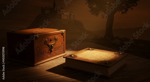 Old Wooden Box and Open Book on Table with Distant Castle