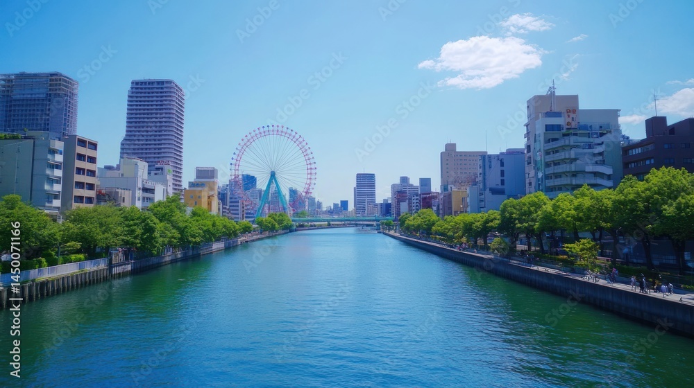 Fototapeta premium Urban cityscape panorama along a tranquil waterway on a sunny day.