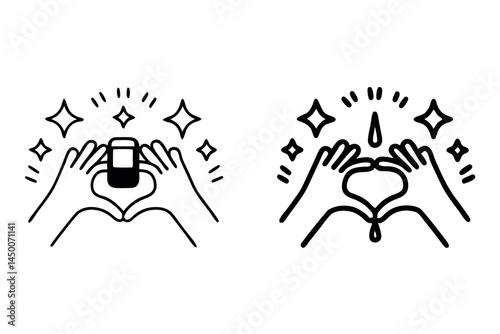 hands creating a heart with a glow, symbolizing giving and care, perfect for healthcare and donation themed content, blood donor day line art icon set