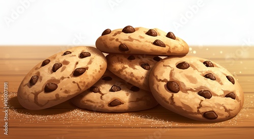 Pile of Chocolate Chip Cookies on Wooden Table Illustration