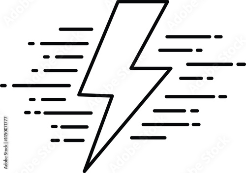 Minimal lightning bolt icon with motion lines representing fast energy, power surge, high speed, electric shock, and dynamic force in tech, weather, or performance concepts

