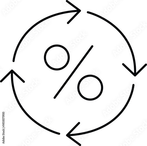 Minimal line icon of a percentage symbol inside circular arrows, representing dynamic pricing, rotating deals, ongoing discounts, interest rates, and financial fluctuation in business systems

