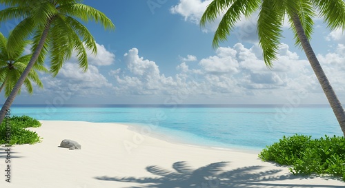 Tropical Beach Scene with Palm Trees, White Sand, and Turquoise Water
