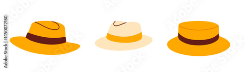 Vector set of classic summer straw hats with brims and ribbons, perfect for sunny weather and beach fashion
