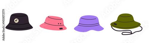 Set of trendy bucket hats in various colors and shapes, including outdoor and fashion styles for casual wear