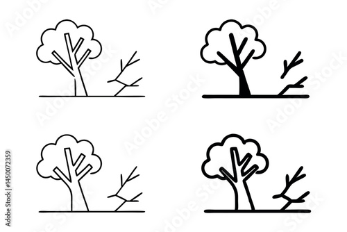 broken trees and fallen branches in simple line art, highlighting ecological distress and environmental concerns line art icon set