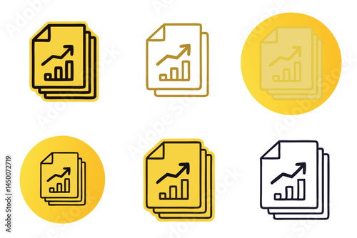 financial reports icon with upward trend and money symbol, document analysis line art icon set