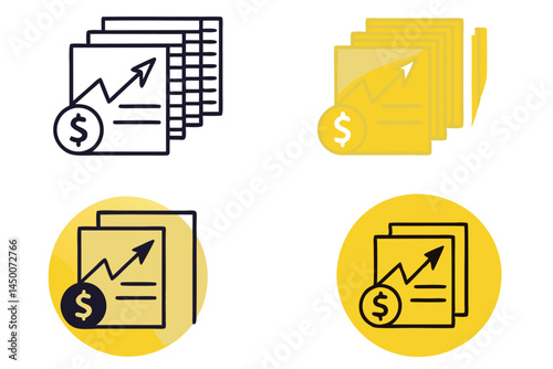 financial reports with dollar symbol and growth chart, line art icon set