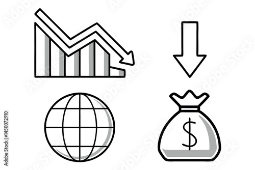 global recession icon showing declining graph and downward arrow with globe and money, line art icon set
