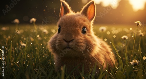 Cute Rabbit Sitting in a Grassy Field with Dandelions at Sunset