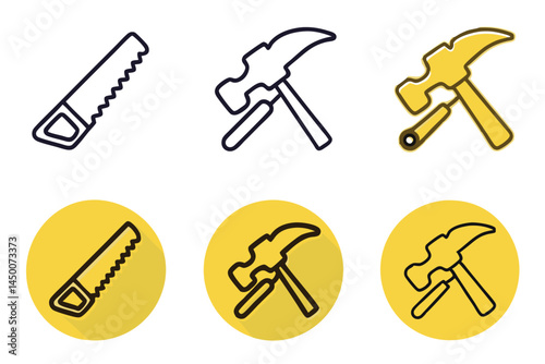 Hand tools, saw and hammer in line art style, construction and repair tools, DIY projects, home improvement icons, line art icon set