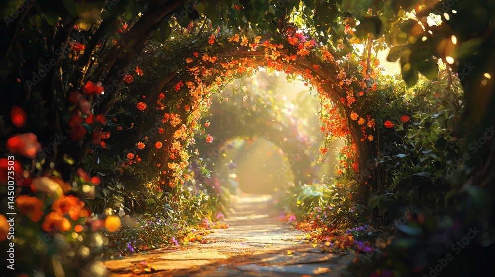Sunlit garden archway adorned with vibrant flowers leading into a serene path surrounded by lush greenery Sunlit garden archway adorned with vibrant flowers leading into a serene path surrounded by lush greenery