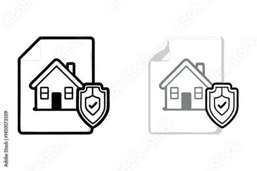 Home safety shield with house, home insurance concept, secure property, protection symbol, line art and colored home insurance icons, line art icon set