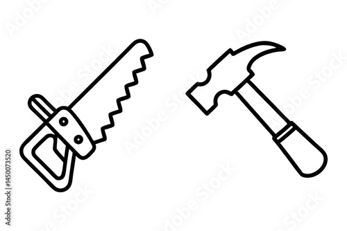 hand saw and hammer icons, representing carpentry and manual labor tools, repair and construction work, line art icon set