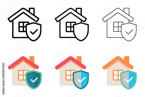 House protection, home insurance shield and check mark icons, safe home concept, home security, insurance symbol, line art icon set