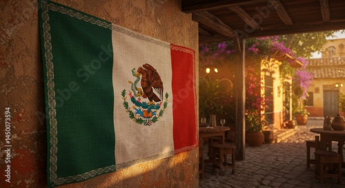 Wall Decoration with National Flag in Outdoor Restaurant at Sunset