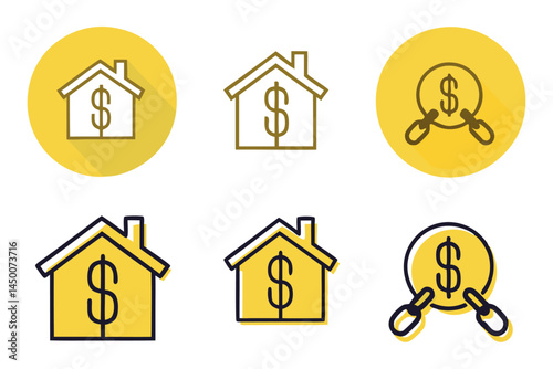 Home mortgage loan icon with dollar sign, home financing, real estate loan, property ownership, mortgage approval, line art icon set