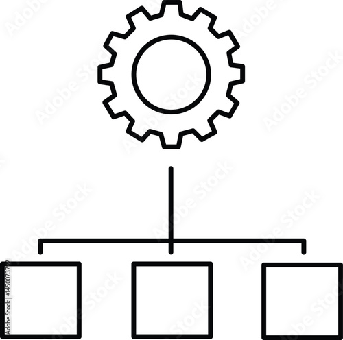 
Minimal gear and hierarchy chart icon representing system configuration, process management, workflow structure, and operational control in digital or business environments

