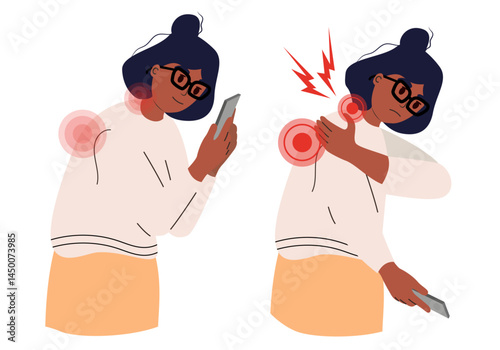 Wrong incorrect posture for holding PHONE. Spending too much time using phone in wrong body position, deterioration vision. Wrong back, neck. Vector illustration.