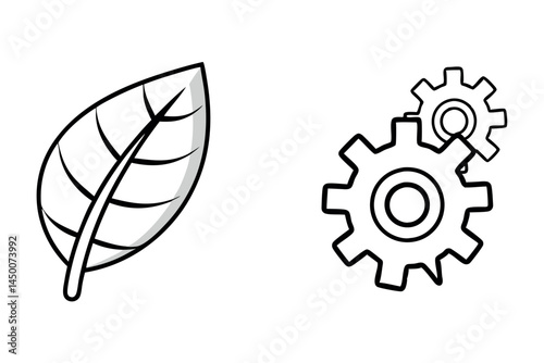 Green energy, leaf and gear symbol, eco friendly technology, sustainable solutions, nature and machinery integration, line art icon set