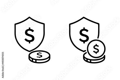 shield and dollar sign representing money protection and financial security, investment safety concept, line art icon set