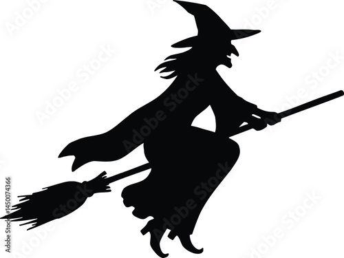 Witch Flying on Broomstick Silhouette: Halloween Vector Graphic for Spooky Designs