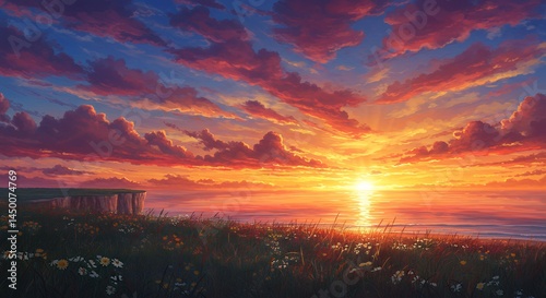 Ocean Sunset Painting with Colorful Clouds and Flower Field