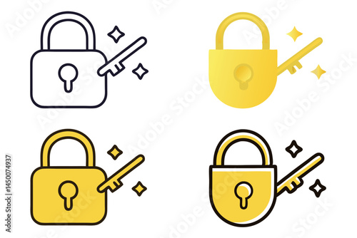 Padlock with key unlocking and security symbol, concept of protection and access control, line art icon set