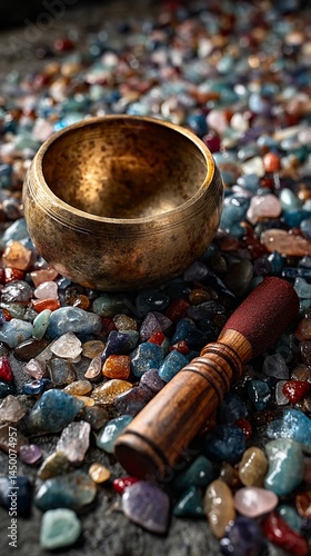 Bronze singing bowl and crystals for meditation