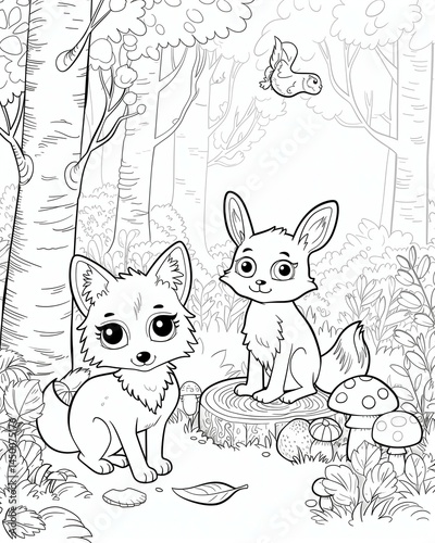 Cute black-and-white forest animal coloring page for kids, featuring simple outlines of a fox, owl, and rabbit in a woodland setting — ideal for teachers, parents, and early childhood education.