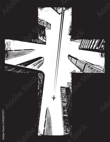 Wallpaper Mural Vector cityscape with New York skyscrapers. On the theme of urbanism with a flying airplane in the sky. View from below or a cross-shaped angle. T-shirt design. No aI used. Torontodigital.ca