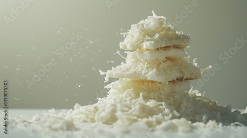 A neat stack of dried coconut flakes on a white surface.