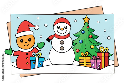 Christmas scene with snowman, santa, gifts, and tree surrounded by snow, with space for adding a holiday greeting.