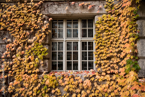 Old window surrounded by ivy  autumn leaves