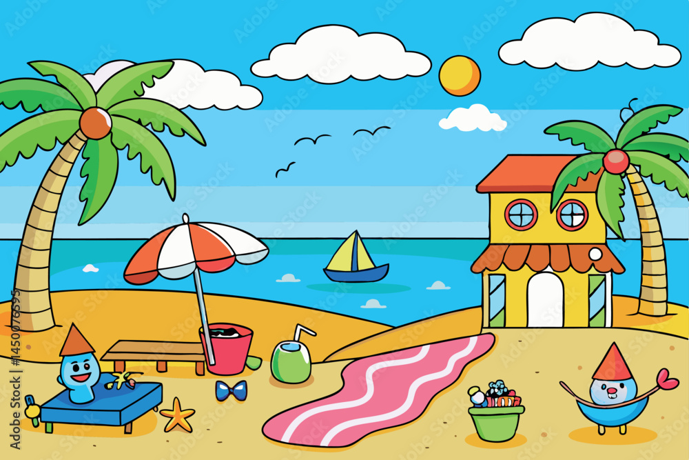 Obraz premium beach scene with a colorful umbrella, beach toys, and a cute boat sailing on the blue ocean under a sunny sky.