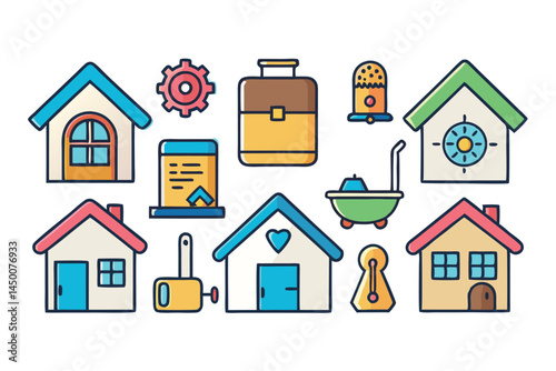 collection of home and garden icons including houses, flowers, gardening tools, and household items for a lively design.
