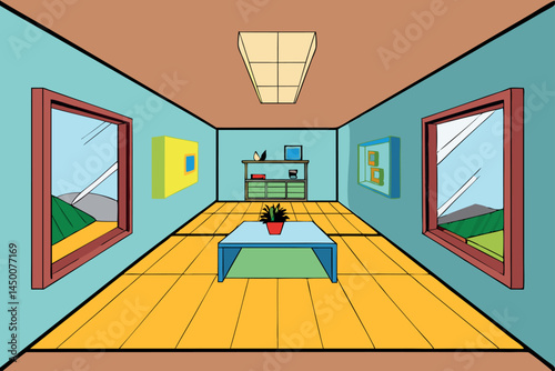 perspective drawing of a modern room with windows, furniture, and a vibrant floor, offering a stylish and creative design for home decor.