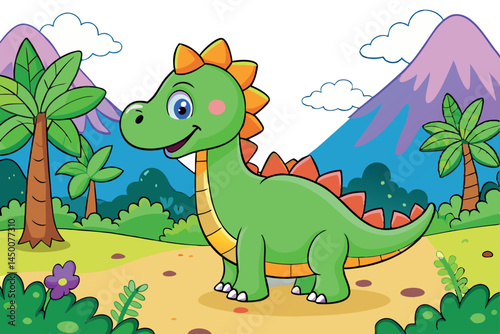 Happy and playful dinosaur in a vibrant nature scene with mountains, trees, and colorful plants, offering kids a fun and imaginative coloring experience.