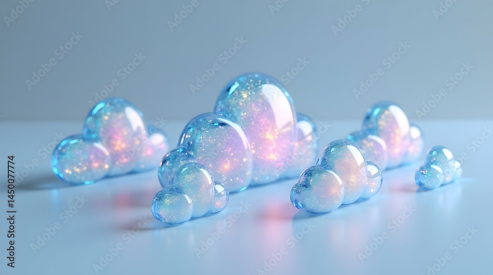 A collection of shimmering, translucent clouds filled with glittering stars, creating a dreamy and whimsical atmosphere.