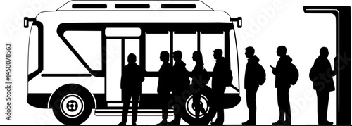 Silhouette vector people waiting for autonomous bus shuttle at stop bus 